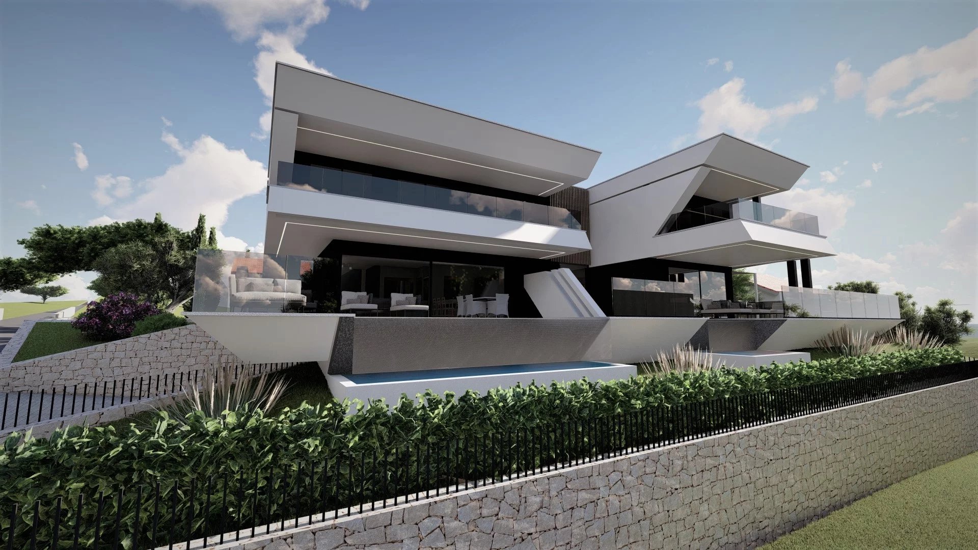 Moderní dvojdomek o dvou úrovních se soukromým bazénem a prostornou terasou, 300 m od moře – ostrov Krk